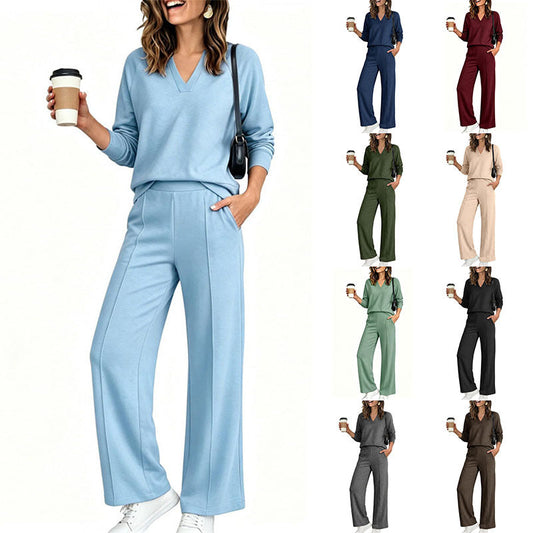 🍂⏳LIMITED-TIME 70% OFF! ✨Women's 2 Piece Outfits V Neck Lounge Set | Raglan Long Sleeve Top & Wide Leg Pants