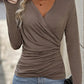 Women's Slim Fit V Neck Long Sleeve Ruched Waist Top for Spring and Autumn