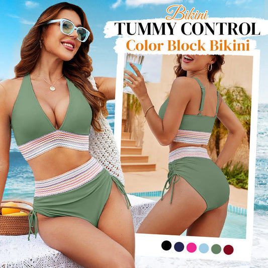 💃Vacation Sale 49% OFF💃Tummy Control Color Block Bikini Set