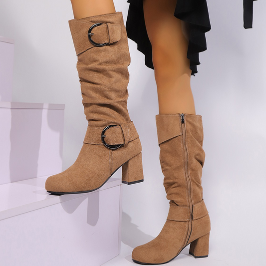 👢Women's Suede Mid-Calf Boots with Buckle Detail