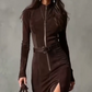 🌸Hot Sale 50% OFF💖Long Sleeve Faux Suede Zipper Maxi Dress