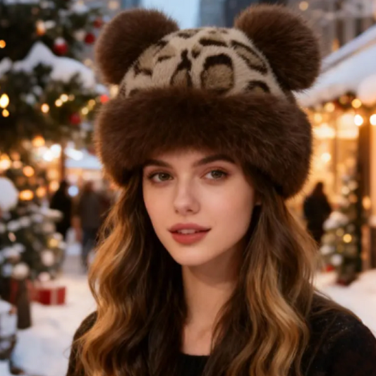 Women’s Retro Leopard Print Bear Ear Hat