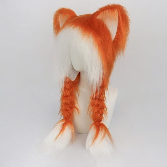 😺👒Plush Cat Ear Winter Hat with Braided Pigtails