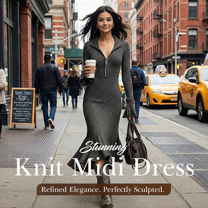 🍁New Fall Collection-Women's Zipper Lapel Flare Sleeve Knit Fishtail Dress
