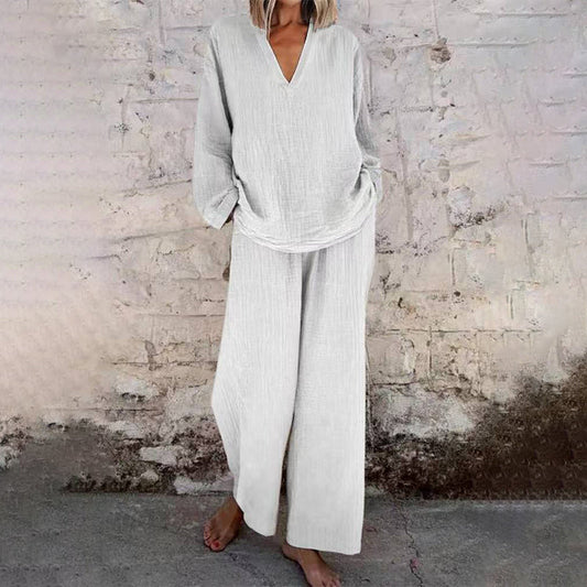 ⌛Limited-Time Offer🛍️ Women’s Casual Solid Color V-Neck Long Sleeve Top & Wide-Leg Pants Set