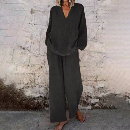 ⌛Limited-Time Offer🛍️ Women’s Casual Solid Color V-Neck Long Sleeve Top & Wide-Leg Pants Set
