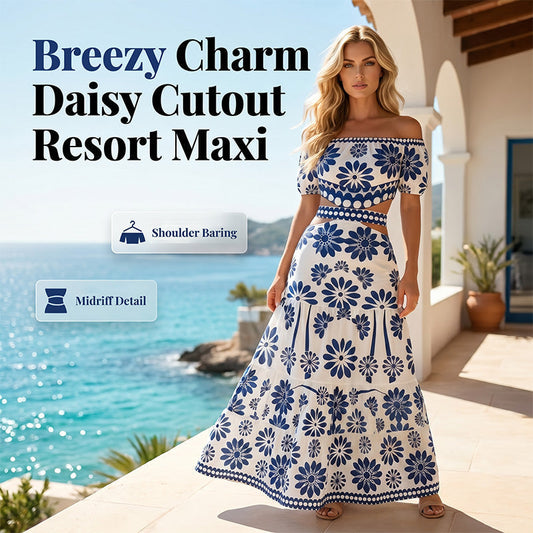 🌺 LIMITED-TIME 50% OFF! 💥 Women's Off-Shoulder Waist Cutout Daisy Printed Resort Dress – Flowy, Breezy, Tropical Chic ✨