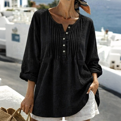 🔥👚2026 Summer Hot Sale– Only ￡16.99!!⚡️Women's Long Sleeve Pleated Henley Neck Blouse✨Soft Breathable Elegant Casual Pleated Top Daily Commute Outfit UK🇬🇧💐