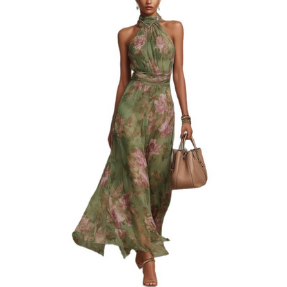 🌸 50% OFF NOW!Women’s Elegant Floral Print Halter Neck Floaty Chiffon Maxi Dress, Casual & Occasion Waist Tie Dress