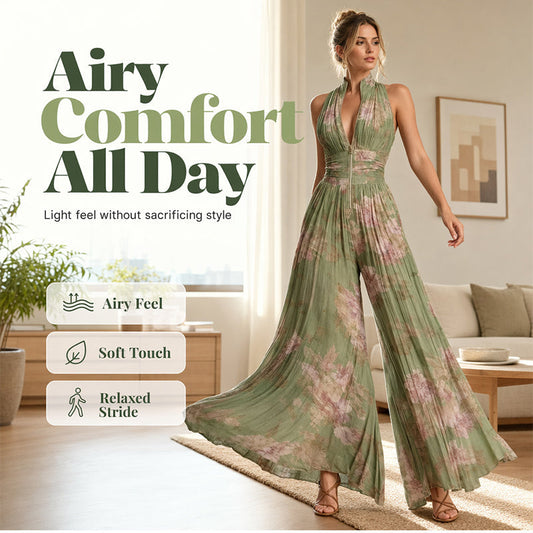⏳LIMITED-TIME 50% OFF! Women’s Sleeveless V-Neck Floral Print Flowing Pleated Wide Leg Jumpsuit