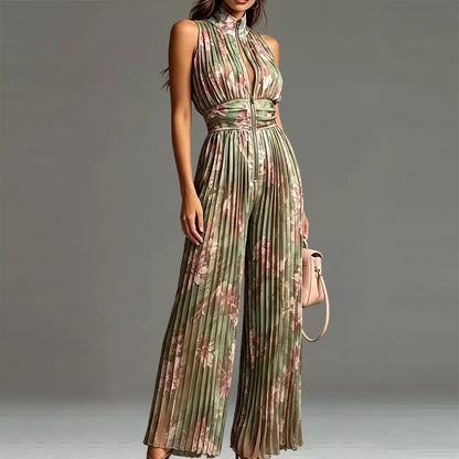⏳LIMITED-TIME 50% OFF! Women’s Sleeveless V-Neck Floral Print Flowing Pleated Wide Leg Jumpsuit
