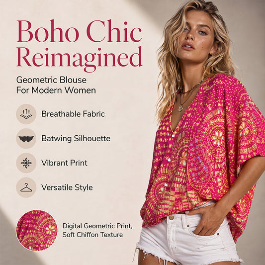50% OFF ⭐👚 Boho Print Batwing Sleeve Top – Flowing V-Neck & Effortless Bohemian Style
