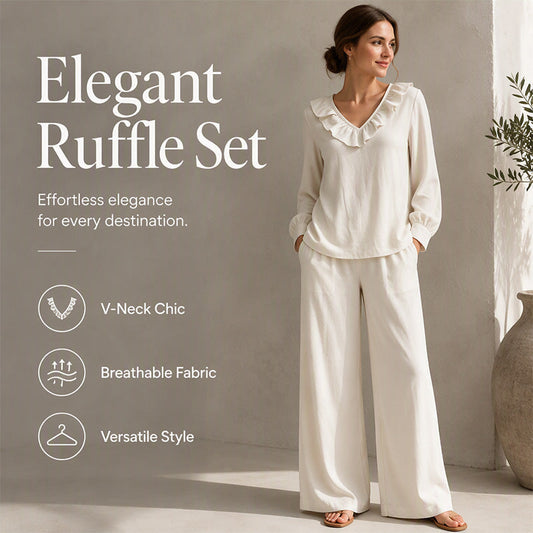 🌸Hot Sale 50% OFF-Women's Resort Style V-Neck 2-Piece Outfit Loose Long Sleeve Top Wide Leg Pants Set