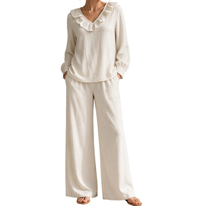 🌸Hot Sale 50% OFF-Women's Resort Style V-Neck 2-Piece Outfit Loose Long Sleeve Top Wide Leg Pants Set