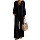 🌸Hot Sale 50% OFF-Women's Resort Style V-Neck 2-Piece Outfit Loose Long Sleeve Top Wide Leg Pants Set