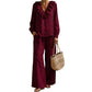 🌸Hot Sale 50% OFF-Women's Resort Style V-Neck 2-Piece Outfit Loose Long Sleeve Top Wide Leg Pants Set
