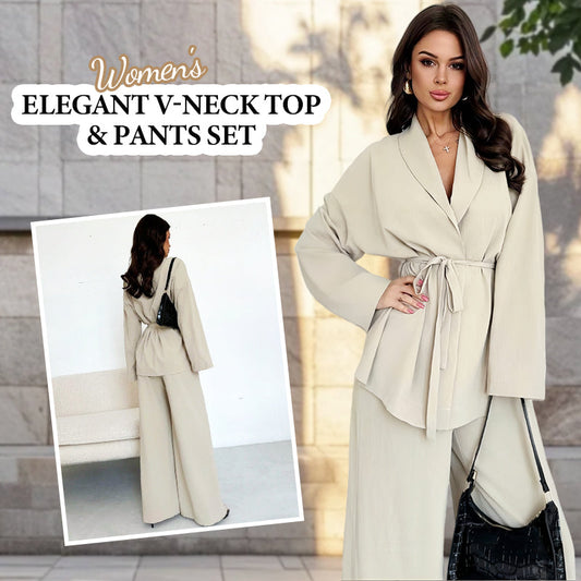✨50% OFF!Women’s Elegant V-Neck Top & Wide-Leg Pants 2-Piece Set