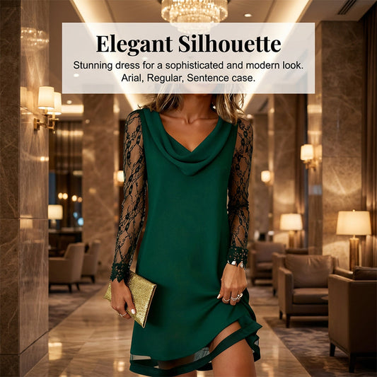 🌸Hot Sale 50% OFF!Elegant Cowl Neck A-Line Dress with Lace Sleeve