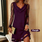 🌸Hot Sale 50% OFF!Elegant Cowl Neck A-Line Dress with Lace Sleeve