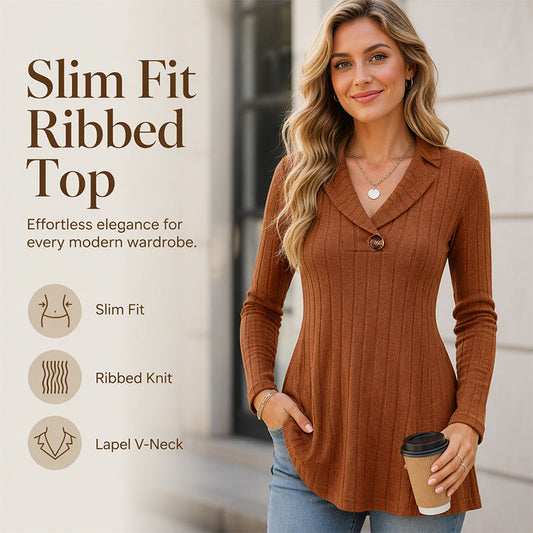 🌸Hot Sale 50% OFF✨Women's V Neck Ribbed Knit Casual Top