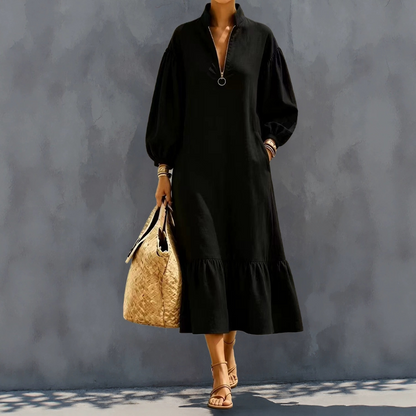 50% OFF 👗 Women's Half-Zip Stand Collar Dress with Lantern Sleeves