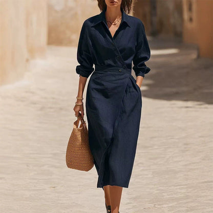 👗Women's Lapel Wrap Midi Shirt Dress with Pockets