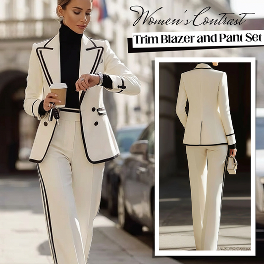 Women's Contrast Trim Blazer and Pant Set