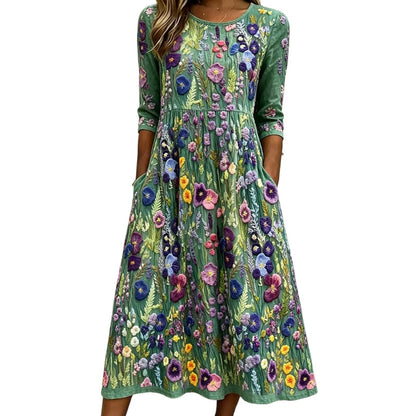 ✨Hot Sale 50% OFF 🌺Women's Floral Print 3/4 Sleeve Midi Dress with Pockets
