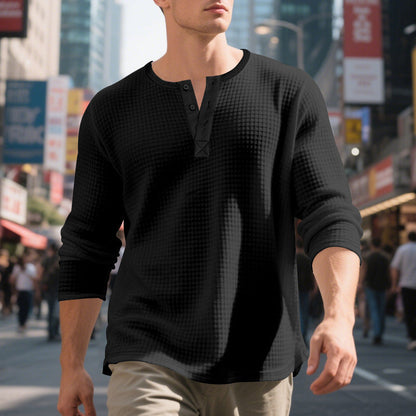 ⌛Limited-Time Offer-Men's Waffle Knit Long Sleeve Henley Shirt