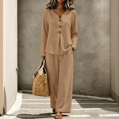 ⏰Last Day Sale 50% Off 💃 Women's V-Neck Long Sleeve Top & Wide-Leg Pants Set