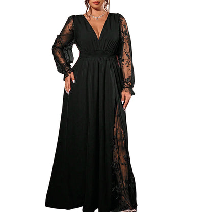 🌸 Women’s Elegant V Neck Lace Patchwork Maxi Dress – Elegant Feminine Style With Romantic Lace Details