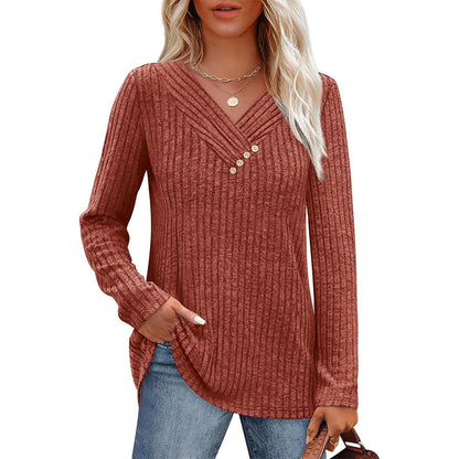 ✨ Women's Ribbed Knit V-Neck Top – Elegant Button Detail For A Chic Everyday Look🤍