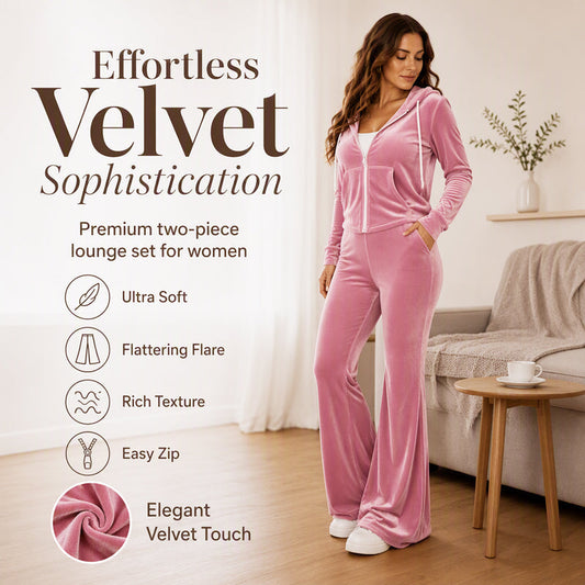 Women's Velvet Zip-Up Hoodie & Flared Pants Set