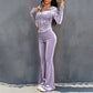 Women's Velvet Zip-Up Hoodie & Flared Pants Set