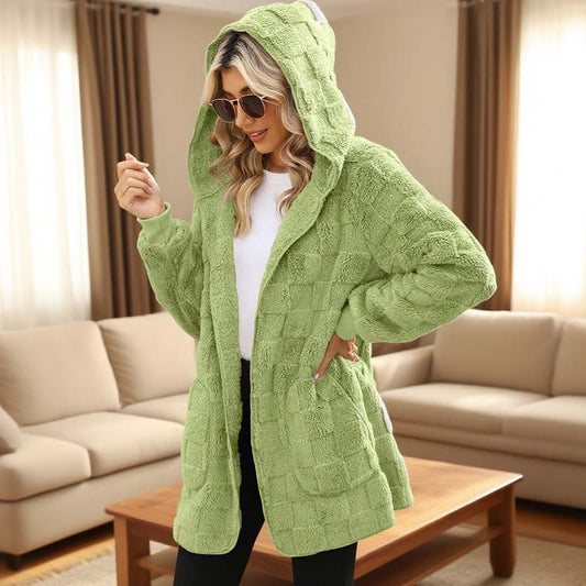 🌸 50% OFF NOW!Hooded Fluffy Fleece Cardigan, Textured Check Pattern Open Front Coat with Pockets
