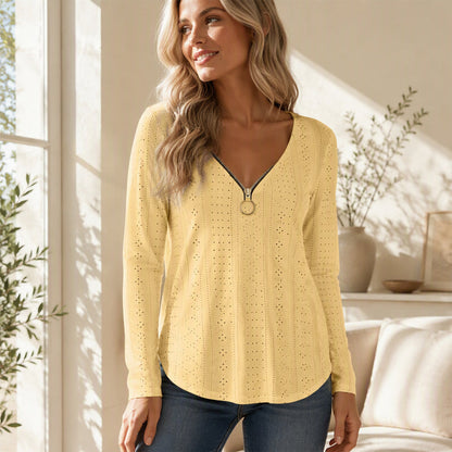 🍁New Fall Collection-Women's Zipper V-Neck Long Sleeve Top