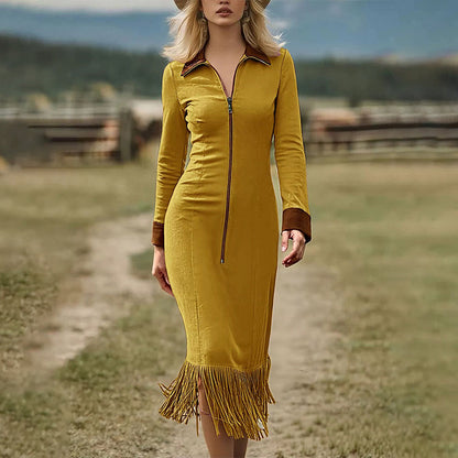 Hot Sale 50% OFF💖Women's Long Sleeve Tassel Hem Midi Dress
