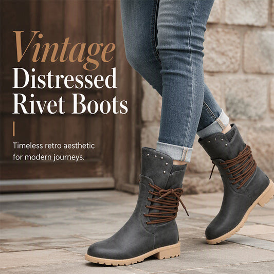 🍂 Timeless Everyday Style | Women's Distressed Lace-Up Mid-Calf Boots