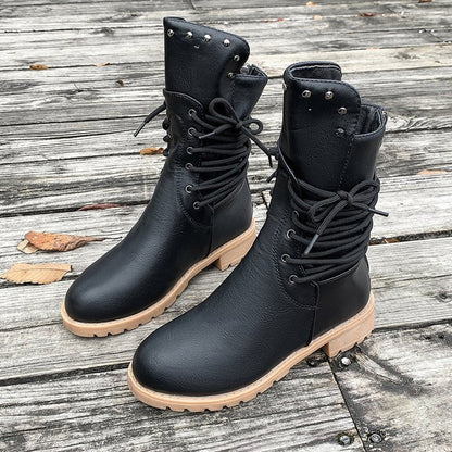 🍂 Timeless Everyday Style | Women's Distressed Lace-Up Mid-Calf Boots