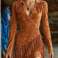 ✨ Flattering Elegance | Women's Fringe-Detail Slim-Fit Long-Sleeve Dress