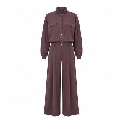 ✨ Effortless Everyday Style | Women's Stand-Collar Jacket & Wide-Leg Pants 2-Piece Set