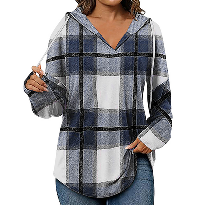 ✨👚Women's Plaid Hooded Long Sleeve Drawstring V Neck Shirts