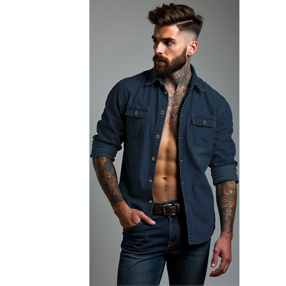 ✨Men's Denim Long Sleeve Shirt Casual Button Down Cardigan