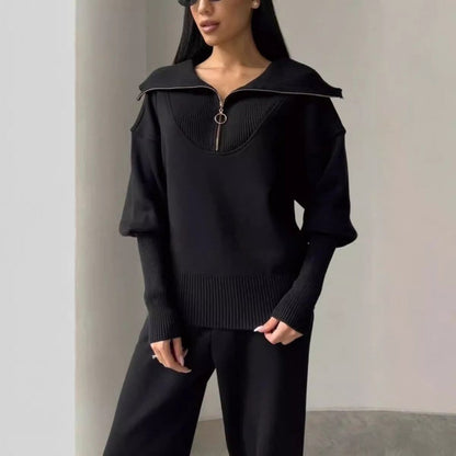 🤎 Women's Casual Sporty 2-Piece Set - Half-Zipper Lapel Top & Matching Jogger
