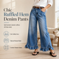 Women's Comfort Stretch Wide Leg Denim Pants with Pleated Waist and Ruffled Hem