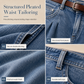 Women's Comfort Stretch Wide Leg Denim Pants with Pleated Waist and Ruffled Hem
