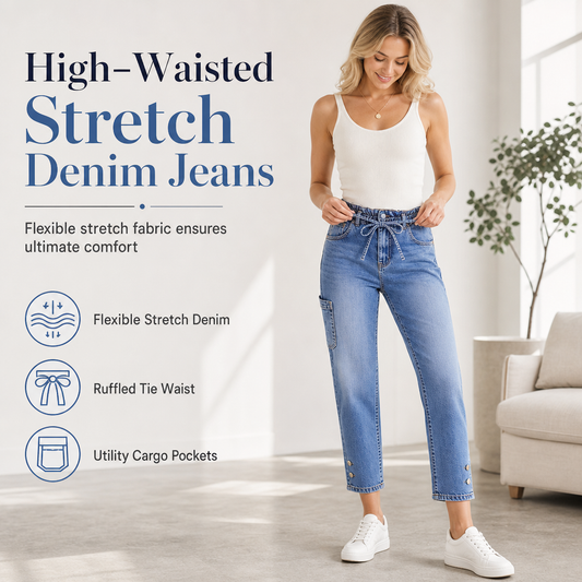 Women's High Waisted Stretch Denim Jeans with Cargo Pockets and Button Cuffs