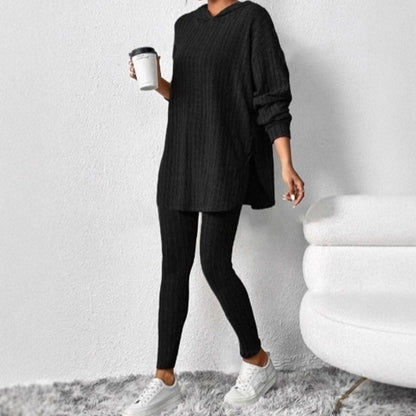 Women's Ribbed Knit Hooded Sweatshirt & Pants Set