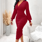 💃 Flattering Ruching, Elegant Curves | Women's V-Neck Lantern Sleeve Midi Dress