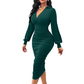 💃 Flattering Ruching, Elegant Curves | Women's V-Neck Lantern Sleeve Midi Dress